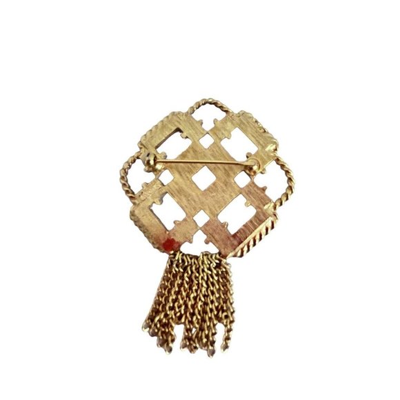 Vintage Signed Avon Brooch Geometric Design White Enamel Goldtone Metal Tassels - Picture 5 of 6